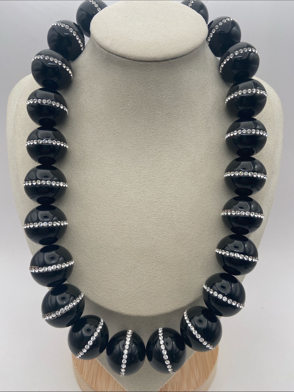 Sterling Silver 925 Black Agate & Crystal Bead Necklace 19”L Bold Statement